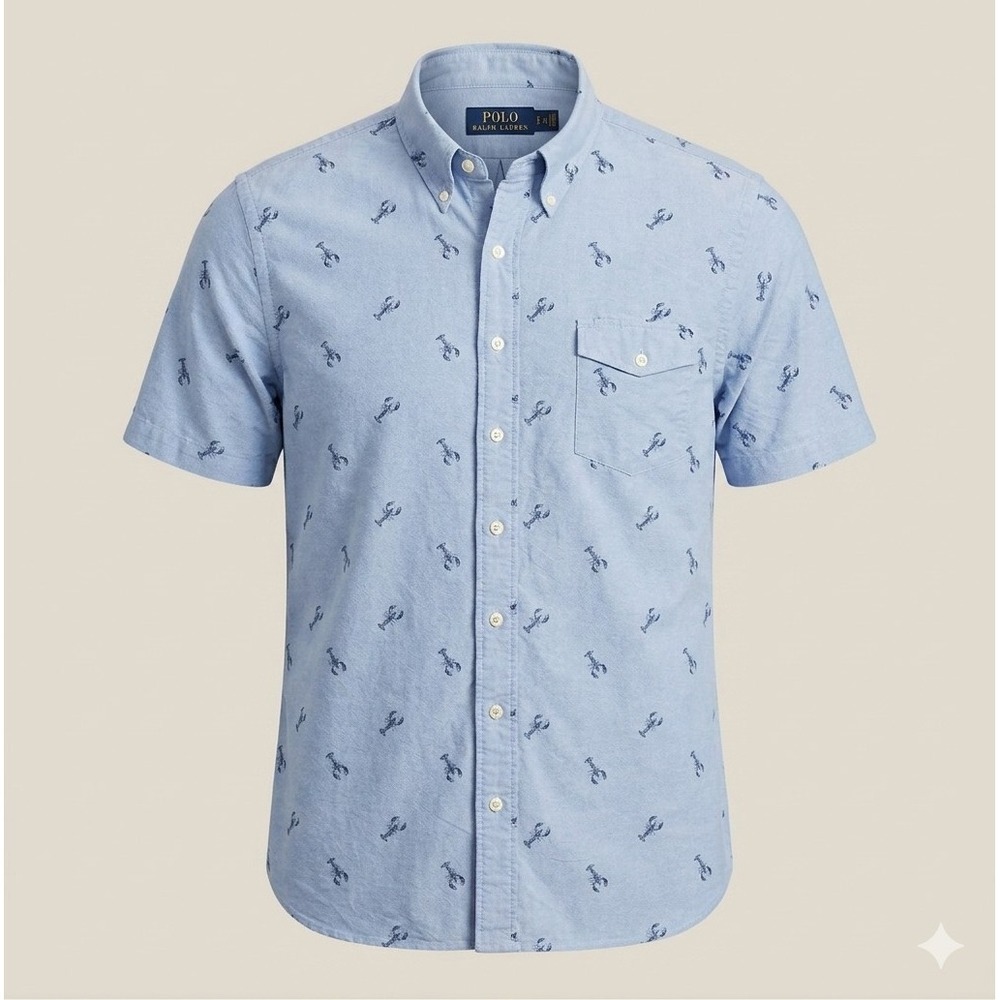 Ralph Lauren Men's Blue Lobster Print Short Sleeve Button Up Shirt. Size XXL